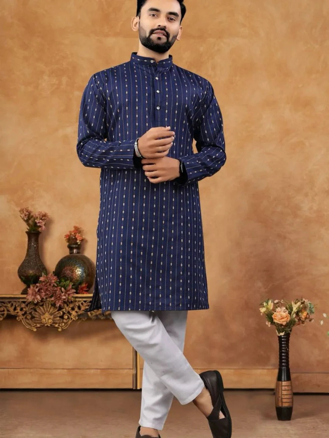 Luxury Islamic Arabic Abaya Robe National Style Ethnic Print Stand Collar Youth Mid-length Ropa Arabe Hombre Kurta For Men