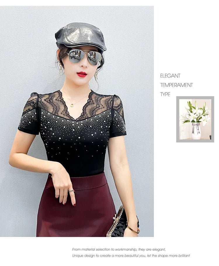 2026 Summer Women Tops New Korean Fashion Diamond Mesh T Shirt V-neck Short Sleeved Patchwork Lace Shirt