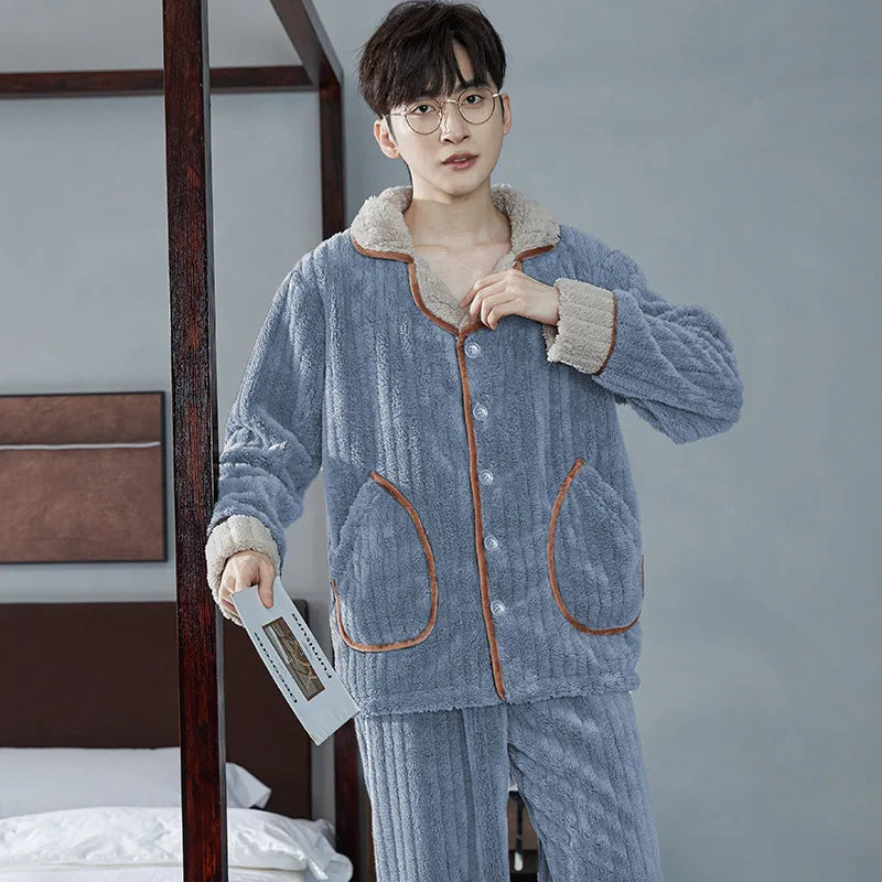 2025 New Couple Sleepwear Men's Autumn Winter Stand Collar Zipper Thick Long Sleeve Coral Fleece Home Clothes Men's Pyjamas
