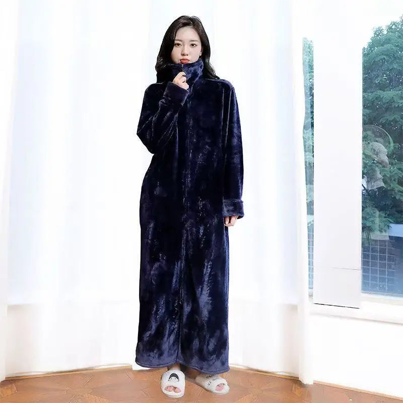 2025 New Flannel Zipper Nightgown Men Women Double-sided Thicken Flannel Pajamas Solid Color Couples One-piece Home Sleeprobe