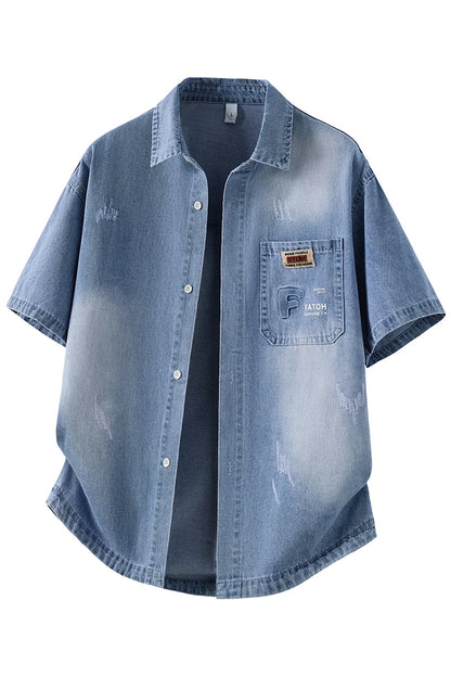 Men's Denim Shirt Summer Fashion Breathable Cotton Blend Short Sleeve Shirt Street Trendy Daily Outing Comfortable Jean Shirt