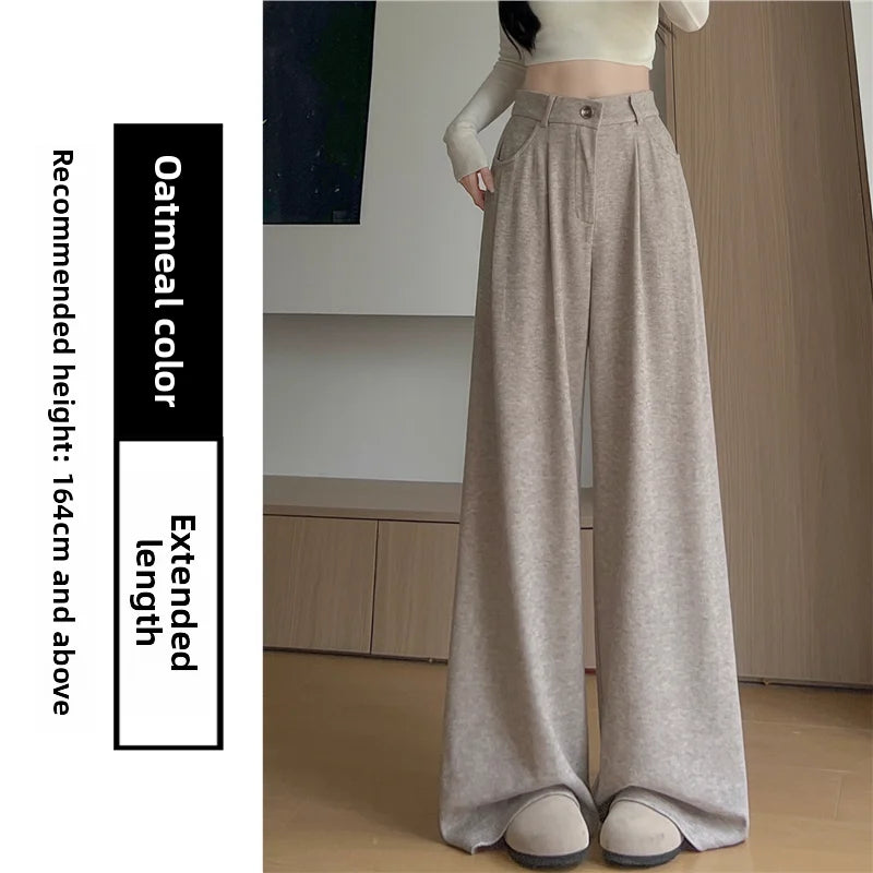 Korean Style High Waist Loose Fit Fleece Lined Wide Leg Pants Women's Autumn Winter New Arrival Straight Cut Trousers