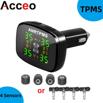 Wireless TPMS Cigarette Lighter Tire Pressure Monitor Tire Temperature Tire Pressure 4 Wheels with USB Output Safety Monitor