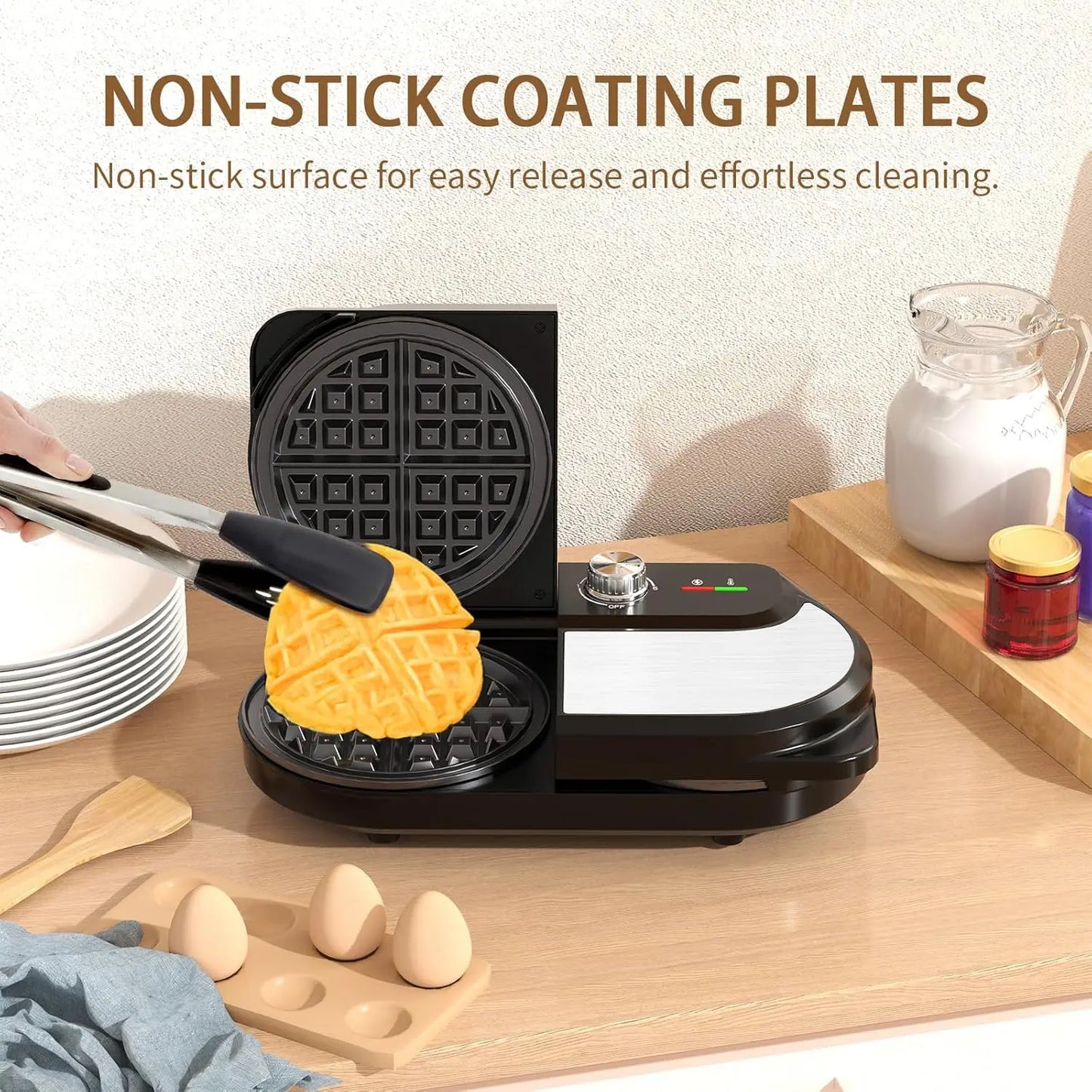 Double Waffle Maker 6 Inch, 1400W Belgian Waffle Maker for Breakfast and Snacks