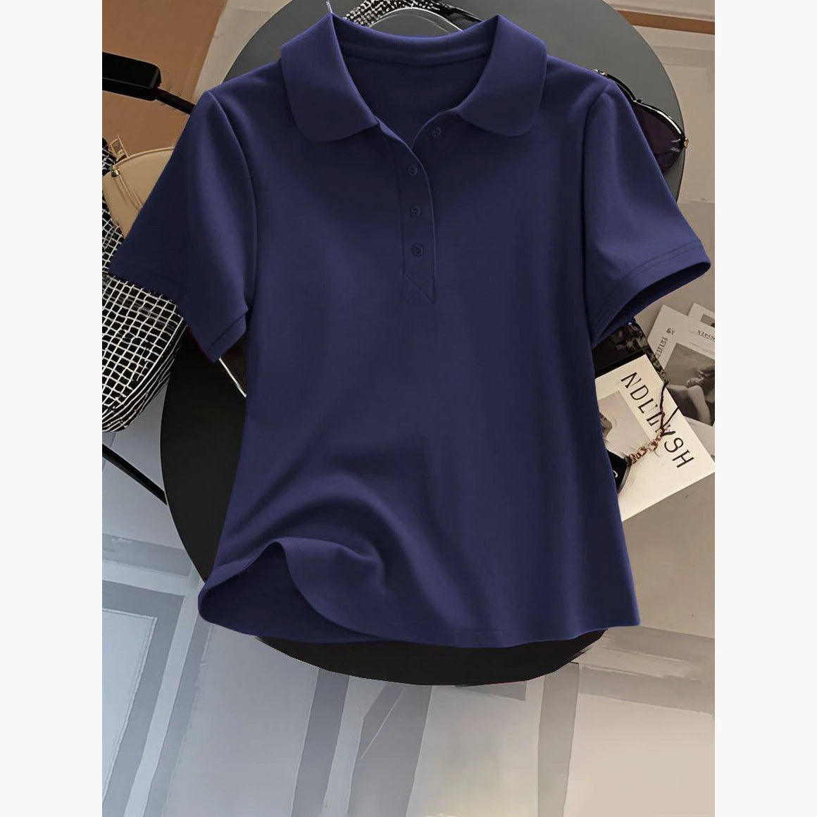 Loose Fit Women's  Neck Short Sleeve Cotton T-Shirt Casual Button up Top Korean Style Summer Fashion Ladies' Shirt