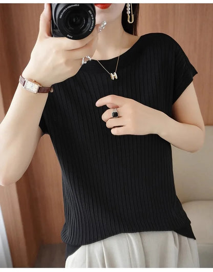 Ice Silk Knitted Top Women Loose Spring Summer New Style Thin Short Sleeve One Shoulder T-Shirt Breathable Comfortable Casual...