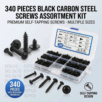 340PCS Assorted Screw Kit Black Carbon Steel Phillips Tapper Screws Set for DIY Furniture Wood Working Repair Fasteners Tool