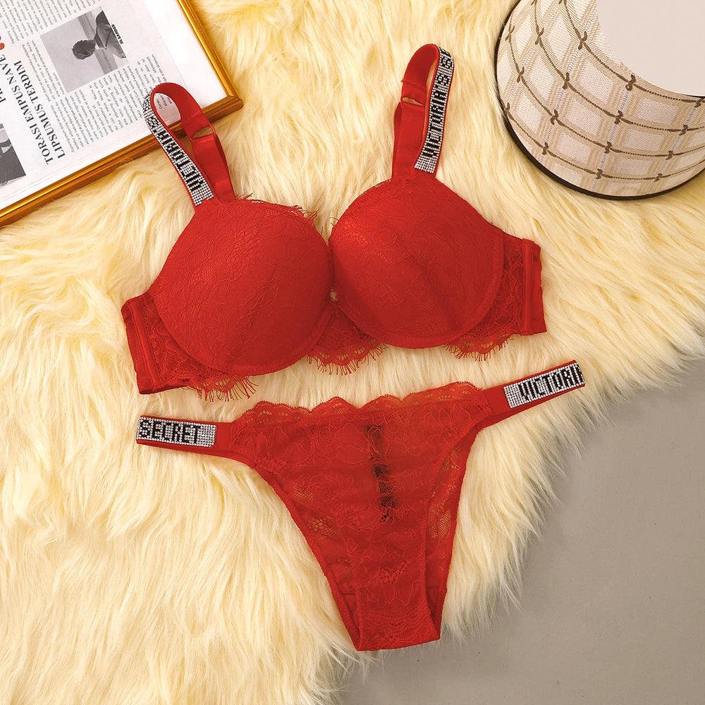 VS Bra and Panty Set Comfortable push up Shapewear Adjustable Padded Gathered Lace Lingerie Set Victoria's Secret Women's Sexy