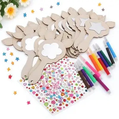 1Set Unicorn Mirror Craft Kit Wooden Handheld DIY Painting Mini Makeup Mirror Creative Kids Accessory Unfinished Wood Mirrors
