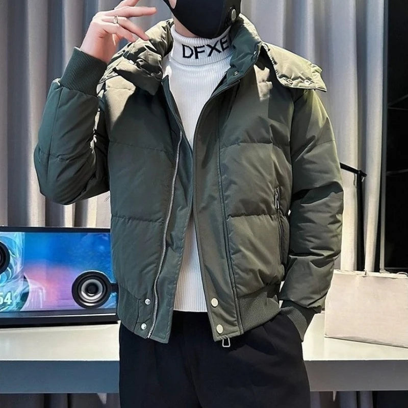 Heavy Duty Men's Cotton Padded Coat 2025 Trendy Hooded Jacket with Detachable Hood Zipper Closure