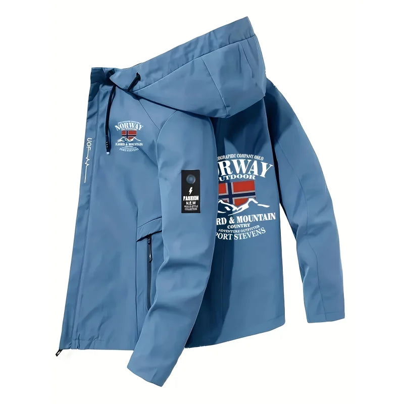 2025 New Men's Polyester Jacket with Norway Letters Print Hooded Outwear