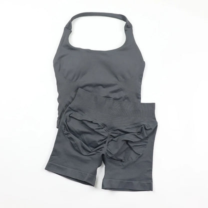 Women's Halter Neck Backless Yoga Set Seamless 2-Piece Outfit Ribbed High-Waist Scrunch Shorts Butt Lifting Gym Pilates Fitness