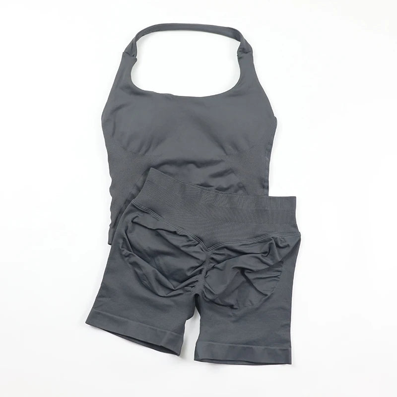 Women's Halter Neck Backless Yoga Set Seamless 2-Piece Outfit Ribbed High-Waist Scrunch Shorts Butt Lifting Gym Pilates Fitness