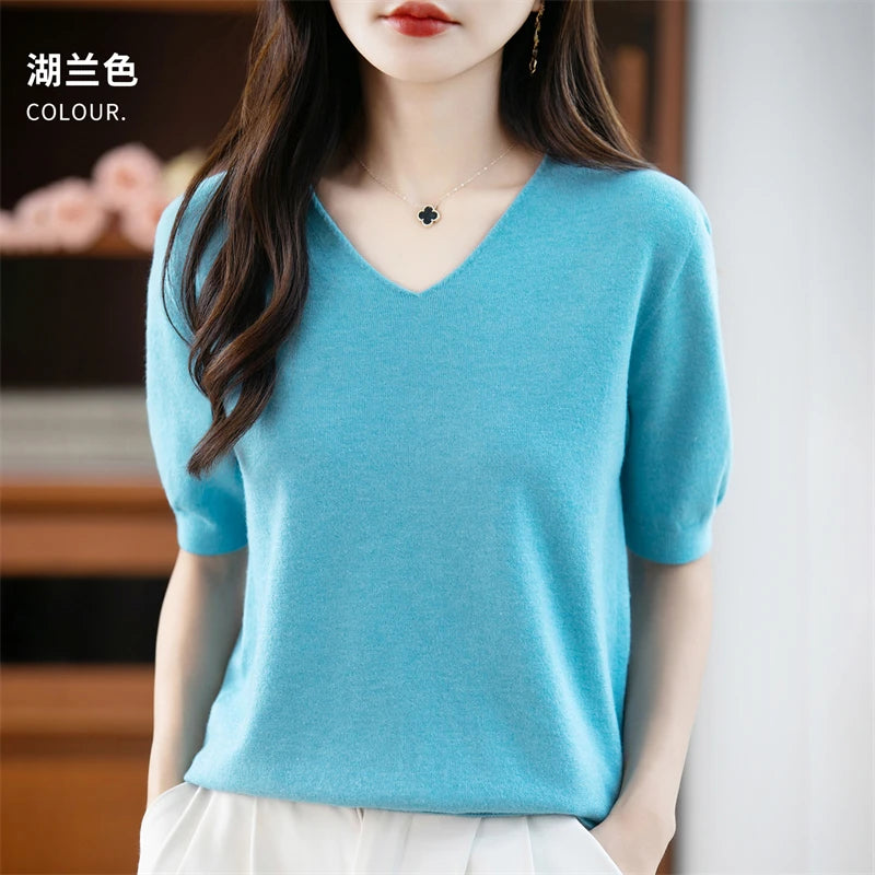Thin Worsted Wool Short-Sleeved Women's Loose Round Neck T-shirt Printed Summer Fashion Knitted Bottoming Shirt Half-Sleeved
