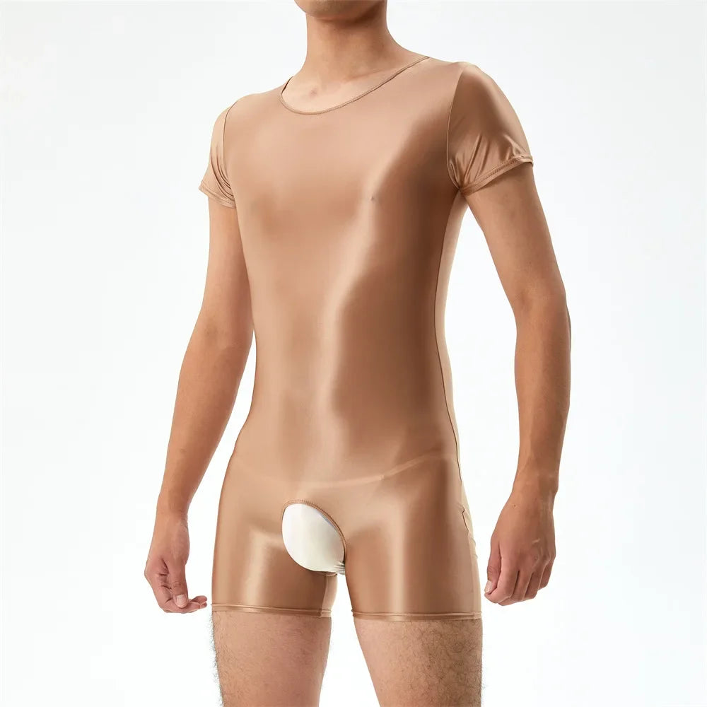 Sexy Men's Open Crotch Bodysuit Short Sleeve Oil Shiny Glossy Tights High Elastic Man Clothing Shapers Exotic Leotard