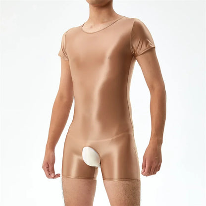Sexy Men's Open Crotch Bodysuit Short Sleeve Oil Shiny Glossy Tights High Elastic Man Clothing Shapers Exotic Leotard