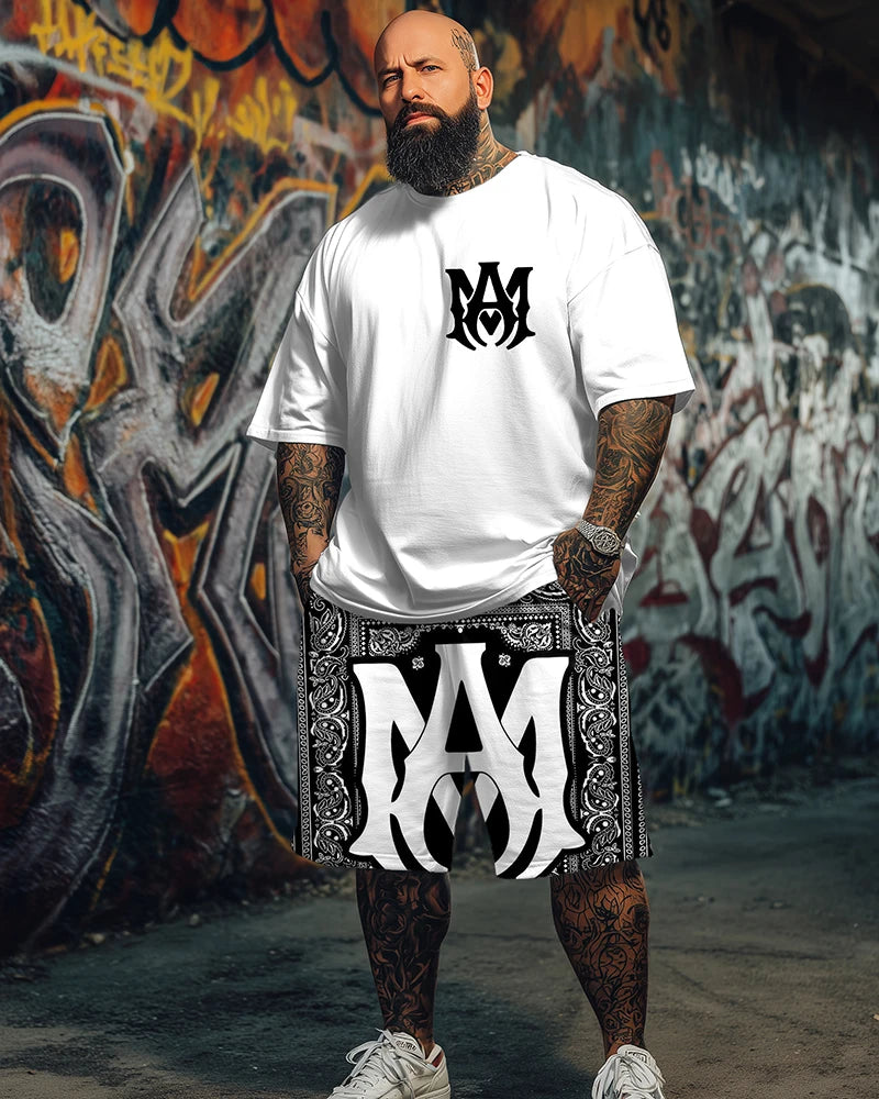 9XL Plus Size Men's AK47 Street Print T-Shirt & Shorts 2-Piece Set Soft Breathable Urban Streetwear Outfit