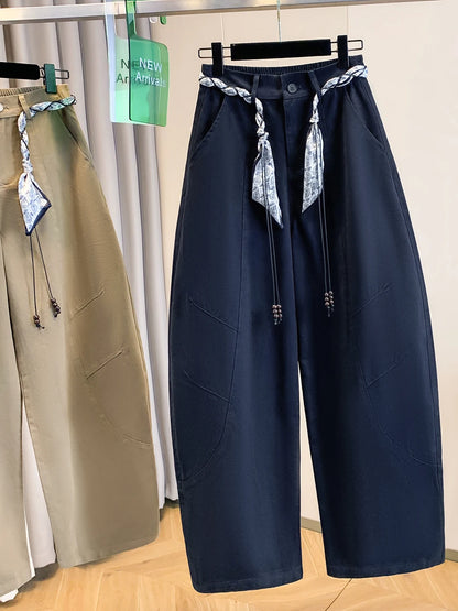 High Waist Loose Fit Casual Pants Autumn Winter plus Size Women's Fashion Slimming Wide Leg Trousers Scarf Belted Back Elastic