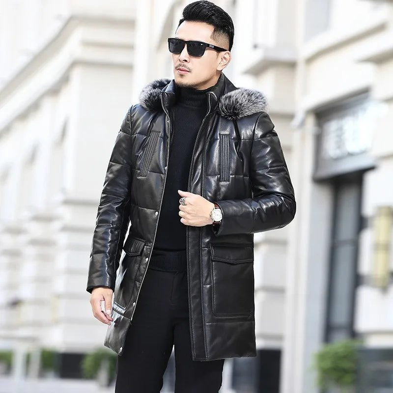 Winter Real Sheepskin Overcoat Men Zipper Thick Warm Hooded Genuine Leather Down Coat  Plus Size 5XL Streetwear Casual Coat Men