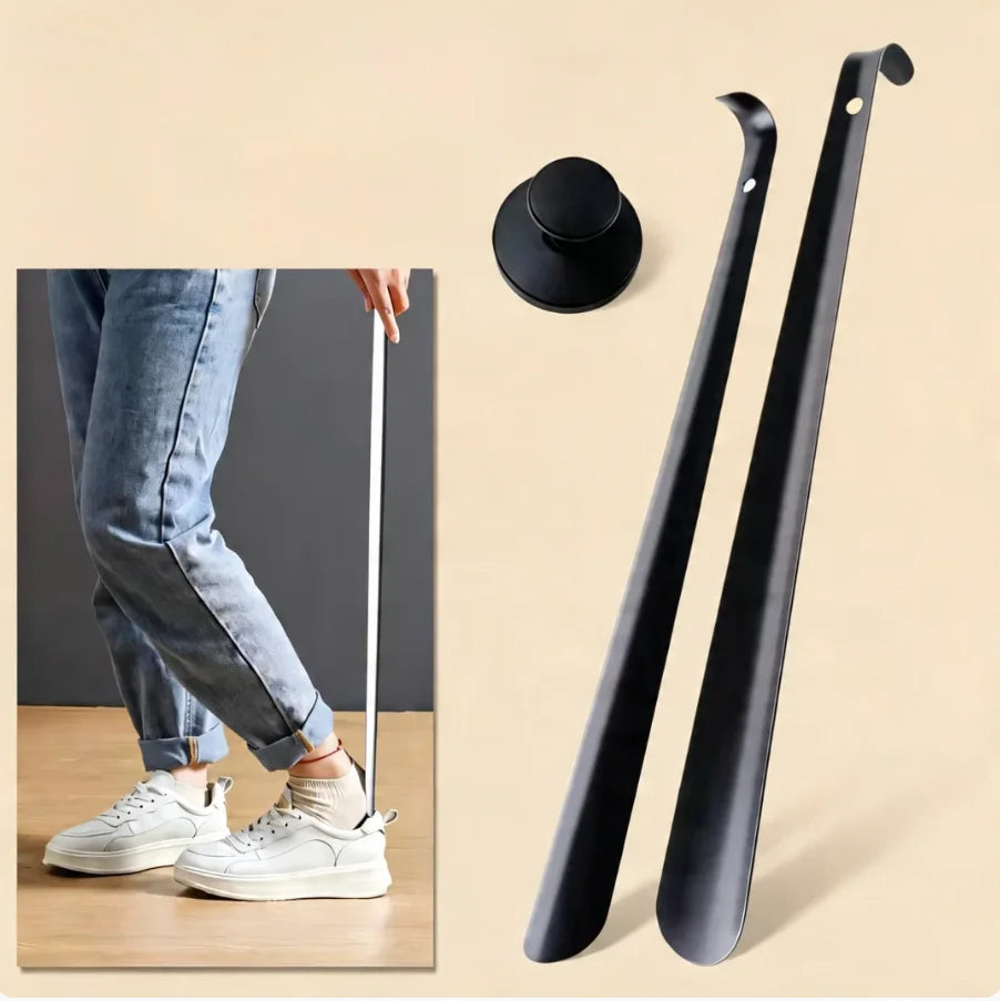 Premium Stainless Steel Shoe Horn with Stainless Steel Suction Holder Set, Punch-Free, Long Handle, Ideal for Seniors & Pregnant