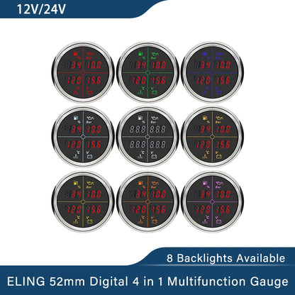 ELING Digital 52mm 85mm Car 4 in 1 Multifunction Gauge with Fuel Level Oil Pressure Water Temp. Voltmeter and 8 Colors Backlight