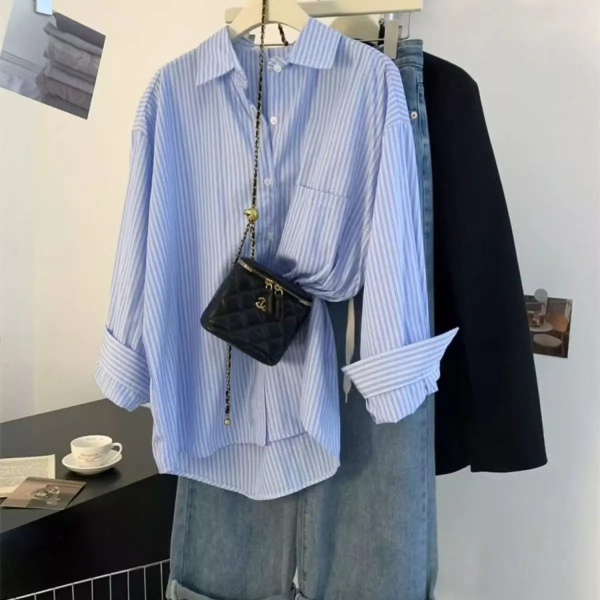 Retro Lazy Sle Blue Striped Women's Long Sve irt Spring Autumn Design Sense Small ence Outerwear Blouse