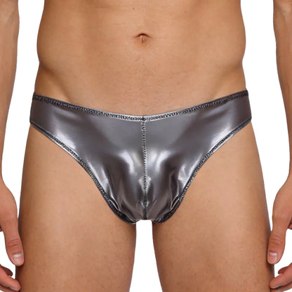Men Wet Look PU Micro Briefs Low Rise Bugle Pouch Underwear Leather Underpants Beach Mini Bikini Bathing Suit Nightwear Clubwear