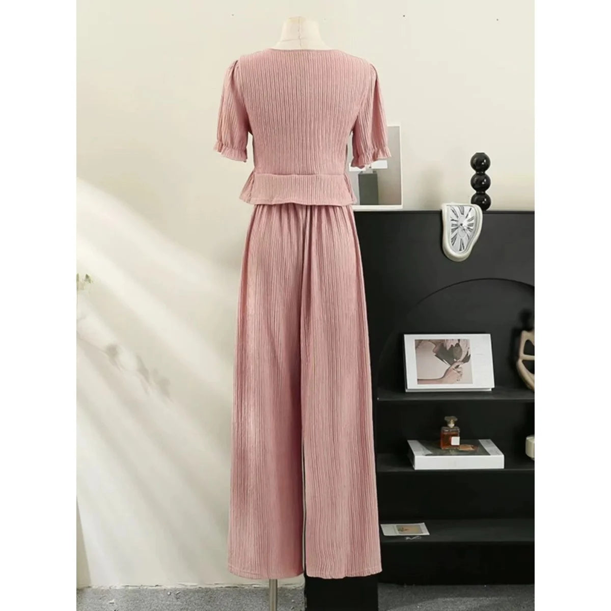Summer 2025 New Folded Square Collar Bubble Sleeve Shirt High Waist Loose Casual Wide Leg Pants Two Piece Set Women's Fashion