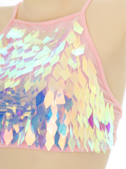 Shiny Sequin Tassel Bra Top Sexy Mini Lace-up Tank Top Camisole for Women Dancing Nightclub Crop Top Vests Bralettle Clubwear