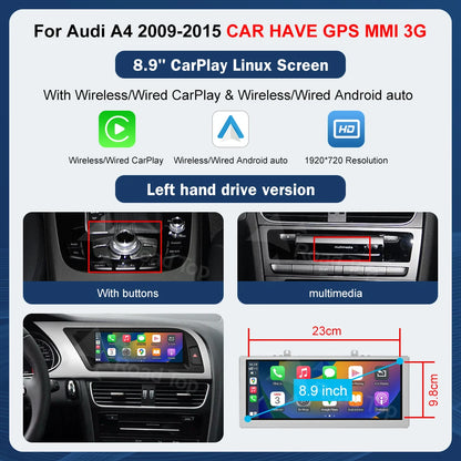 8.9 Inch 12.3"" Multimedia Display Touch Screen For Audi A4 S4 2009-2015 Airplay Miracast Function Wireless Carplay Android Auto