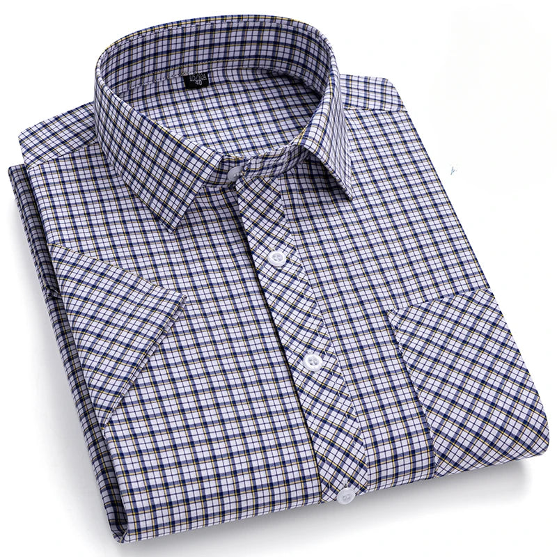 New in Shirt Over Size 100% Cotton Thin Summer Short Sleeve Shirts for Men Slim Fit Plain Shirt Plaid Soft Korean Popular Clothe