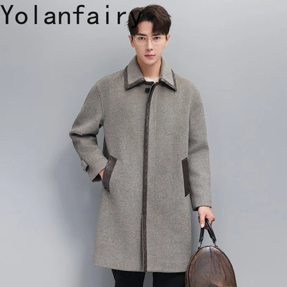 YOLANFAIRY Korean High-end Cashmere Coats for Men Autumn Winter Mid-length 95% Wool Trench Coat Spliced Sheepskin Leather Jacket
