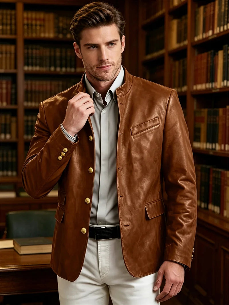 Men's Stand Collar Leather Blazer Slim Fit Single Breasted Golden Metal Buttons Multi Pocket Coat For Business Wedding Daily