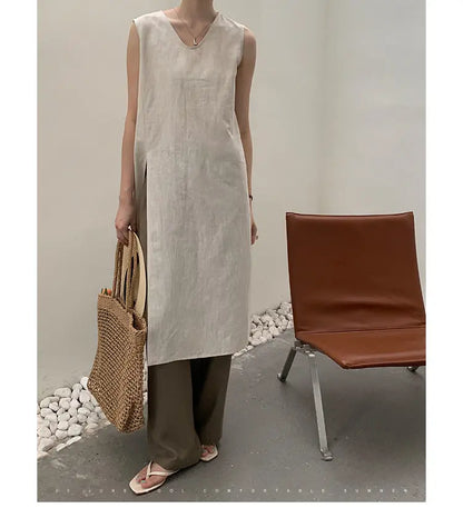 Simple Style Mid-Length V-Neck Women's Dress Knee-Covering Summer Cotton Linen A-Line Skirt Casual City Walk Dress