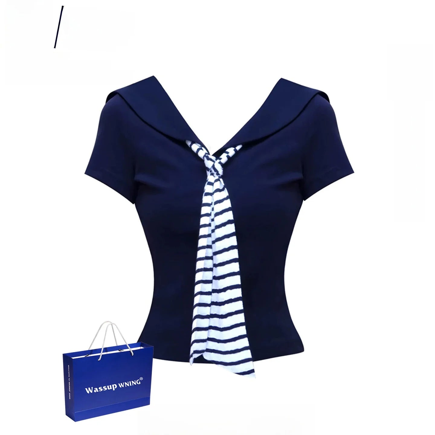 WASSUP Simple V-Neck Short Sleeve T-Shirt Women Summer Casual Slimming Navy Collar Top Korean Style Commute Fashion plus Size