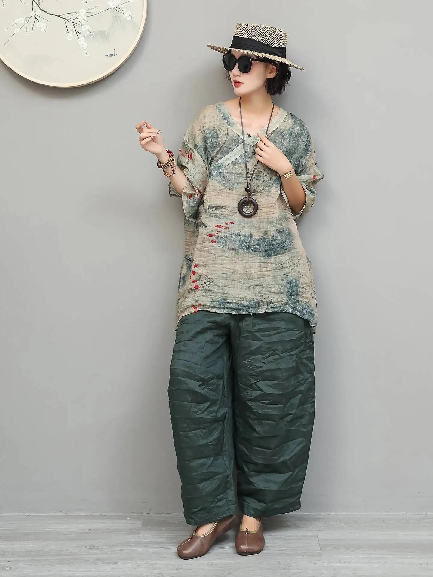 Artistic Ramie Pant Women Summer Lightweight Loose Casual Long Pants LX5871