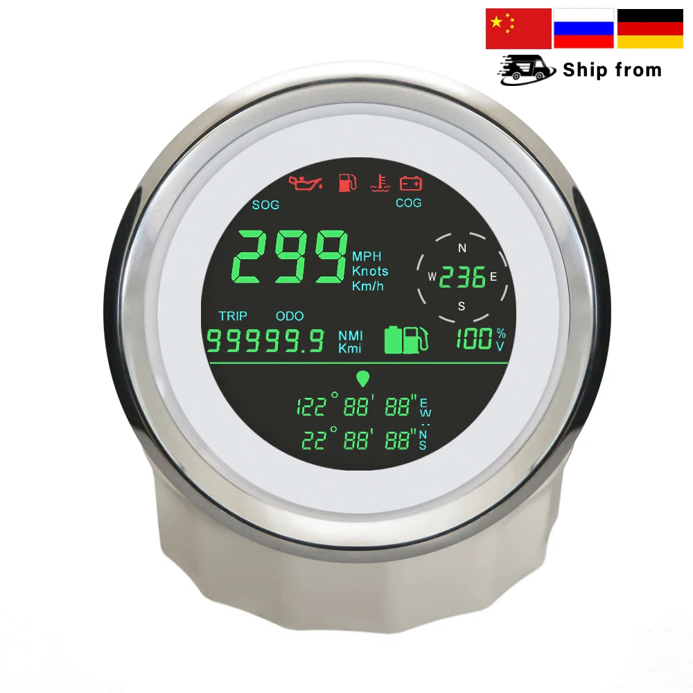 ELING 85mm Digital Multifunction GPS Speedometer 0-299 km/h MPH Knots ODO Direction Fuel Gauge Voltmeter with Alarm 12V 24V