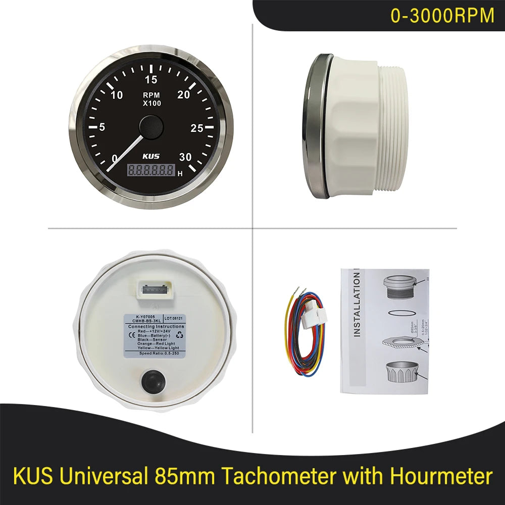 KUS 3K 4K 6K 8K Tachometer RPM Engine Tach Hour Meter LCD Display Inductive for Car Boat Motorcycle