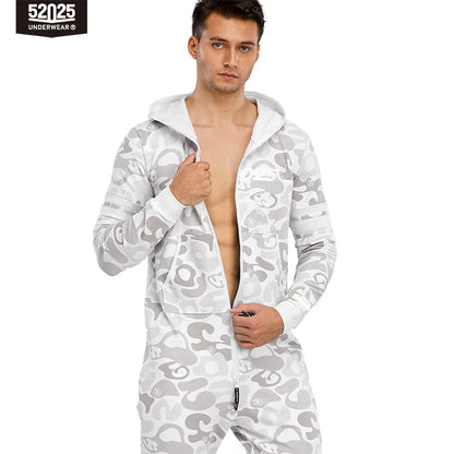 52025 Men's Hooded Camouflage Jumpsuit – One-Piece Cotton Pajamas, Cozy Homewear Lounge Onesie, Stylish Hooded Pajama Set