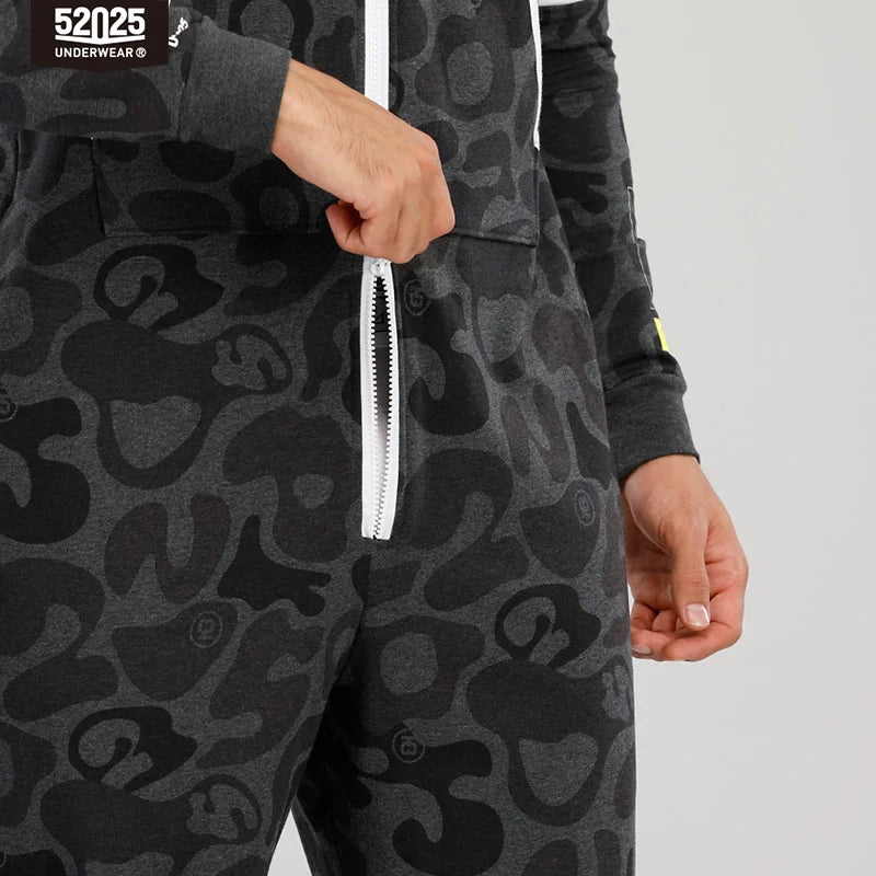 52025 Men's Hooded Camouflage Jumpsuit – One-Piece Cotton Pajamas, Cozy Homewear Lounge Onesie, Stylish Hooded Pajama Set