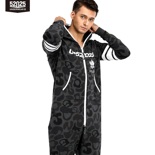 52025 Men's Hooded Camouflage Jumpsuit – One-Piece Cotton Pajamas, Cozy Homewear Lounge Onesie, Stylish Hooded Pajama Set