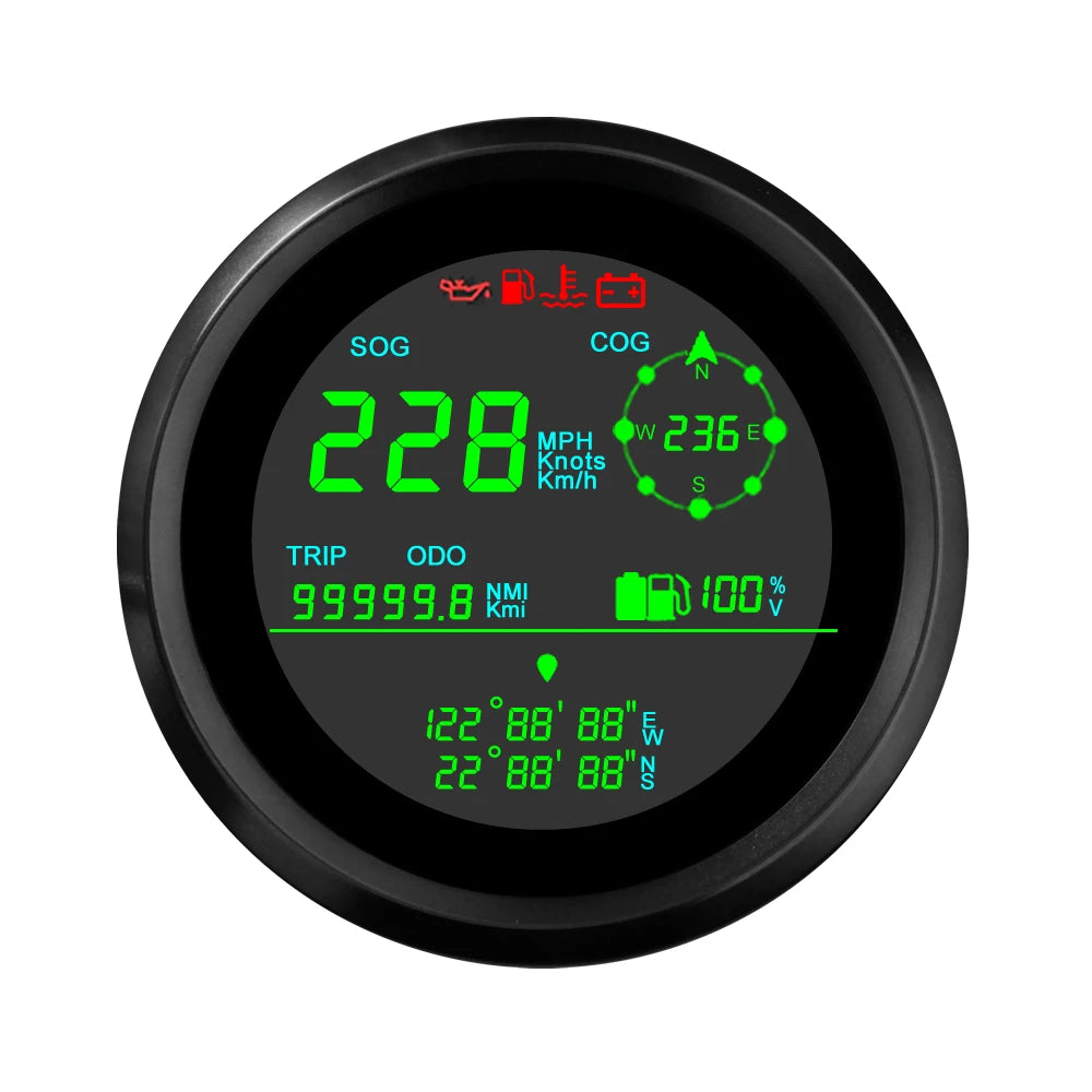 ELING 85mm Digital Multifunction GPS Speedometer 0-299 km/h MPH Knots ODO Direction Fuel Gauge Voltmeter with Alarm 12V 24V