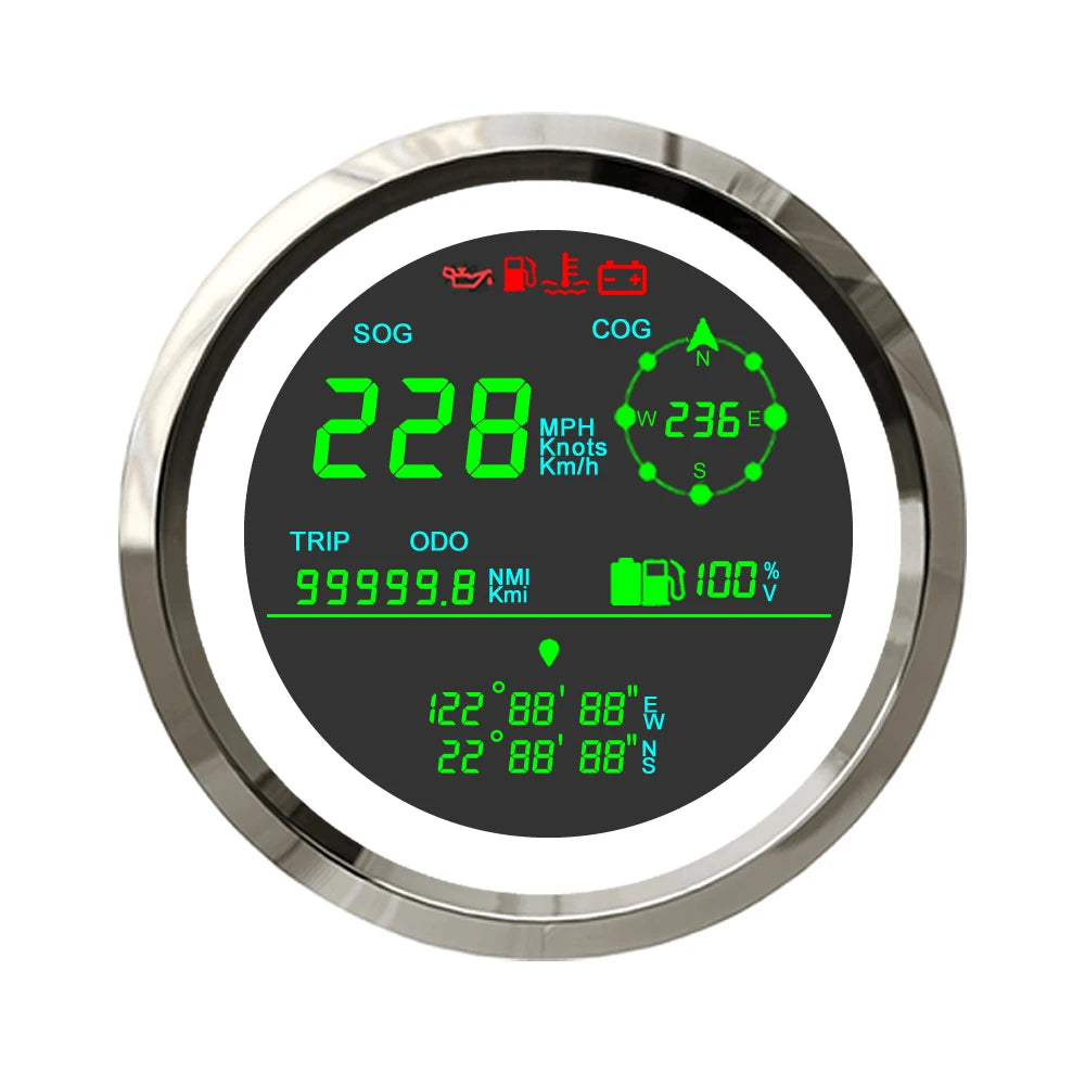 ELING 85mm Digital Multifunction GPS Speedometer 0-299 km/h MPH Knots ODO Direction Fuel Gauge Voltmeter with Alarm 12V 24V