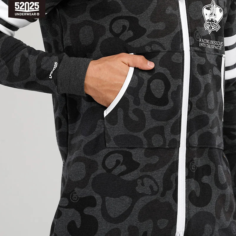 52025 Men's Hooded Camouflage Jumpsuit – One-Piece Cotton Pajamas, Cozy Homewear Lounge Onesie, Stylish Hooded Pajama Set