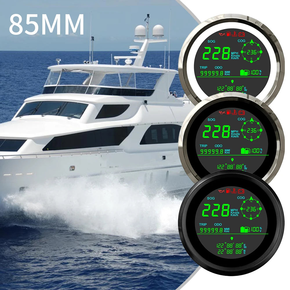 ELING 85mm Digital Multifunction GPS Speedometer 0-299 km/h MPH Knots ODO Direction Fuel Gauge Voltmeter with Alarm 12V 24V