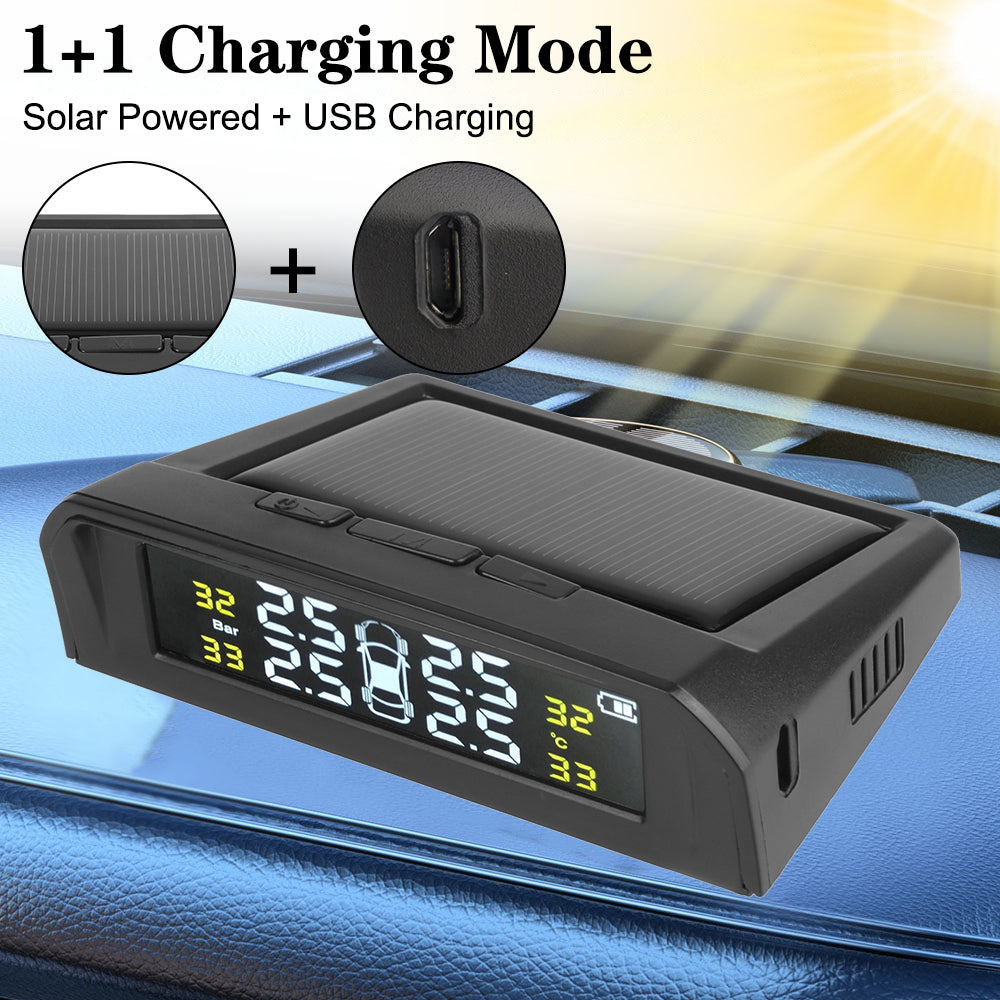 USB Solar Powered Intelligent Temperature Warning LCD Display + 4 External Sensors Car TPMS Wireless Tire Pressure System