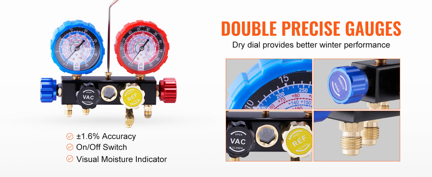 SucceBuy 4 Way AC Gauge-AC Manifold Gauge Set with 5ft Hoses for R134A/R22/R12/R410A Work on Car Freon Charging and Evacuation
