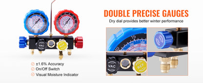 SucceBuy 4 Way AC Gauge-AC Manifold Gauge Set with 5ft Hoses for R134A/R22/R12/R410A Work on Car Freon Charging and Evacuation