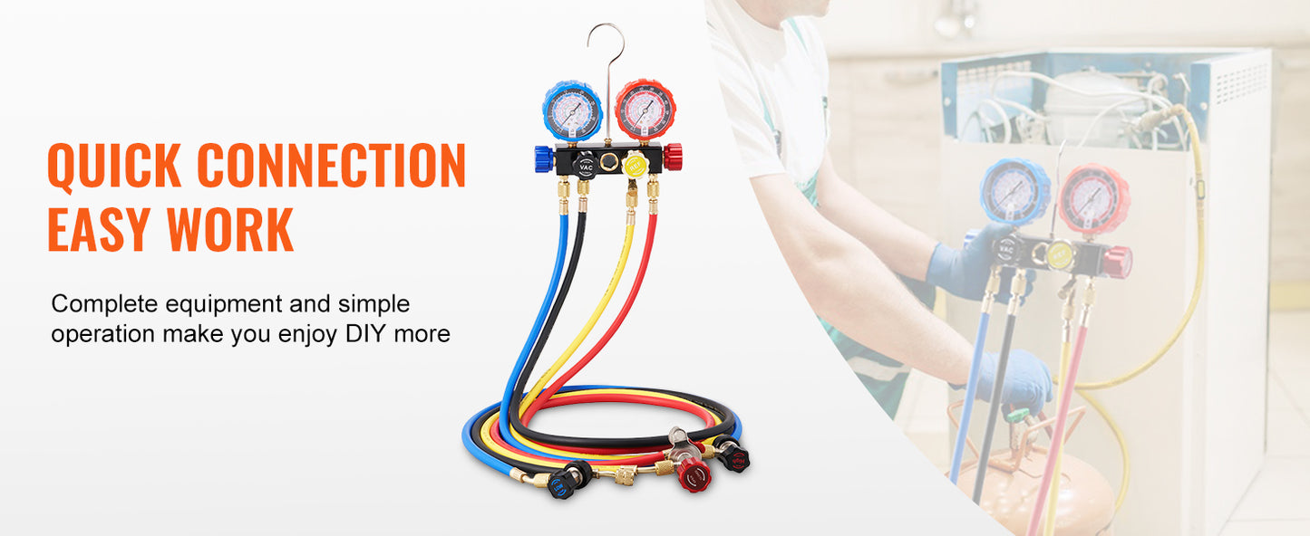 SucceBuy 4 Way AC Gauge-AC Manifold Gauge Set with 5ft Hoses for R134A/R22/R12/R410A Work on Car Freon Charging and Evacuation