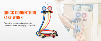 SucceBuy 4 Way AC Gauge-AC Manifold Gauge Set with 5ft Hoses for R134A/R22/R12/R410A Work on Car Freon Charging and Evacuation